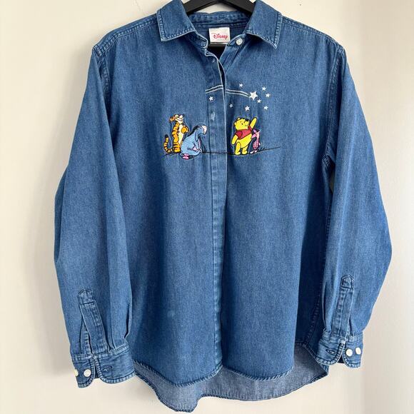 Vtg 90s Disney Store Embroidered Winnie The Pooh Button Down Denim Shirt L - Picture 2 of 5